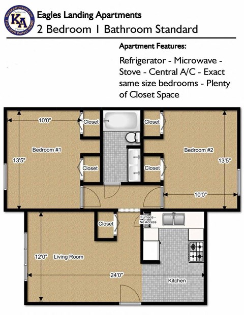 Standard 2 Bedroom 1 Bath 730 Sq. Ft Floor Plan image at Eagles Landing Apartments, Integrity Realty, Kent, Ohio